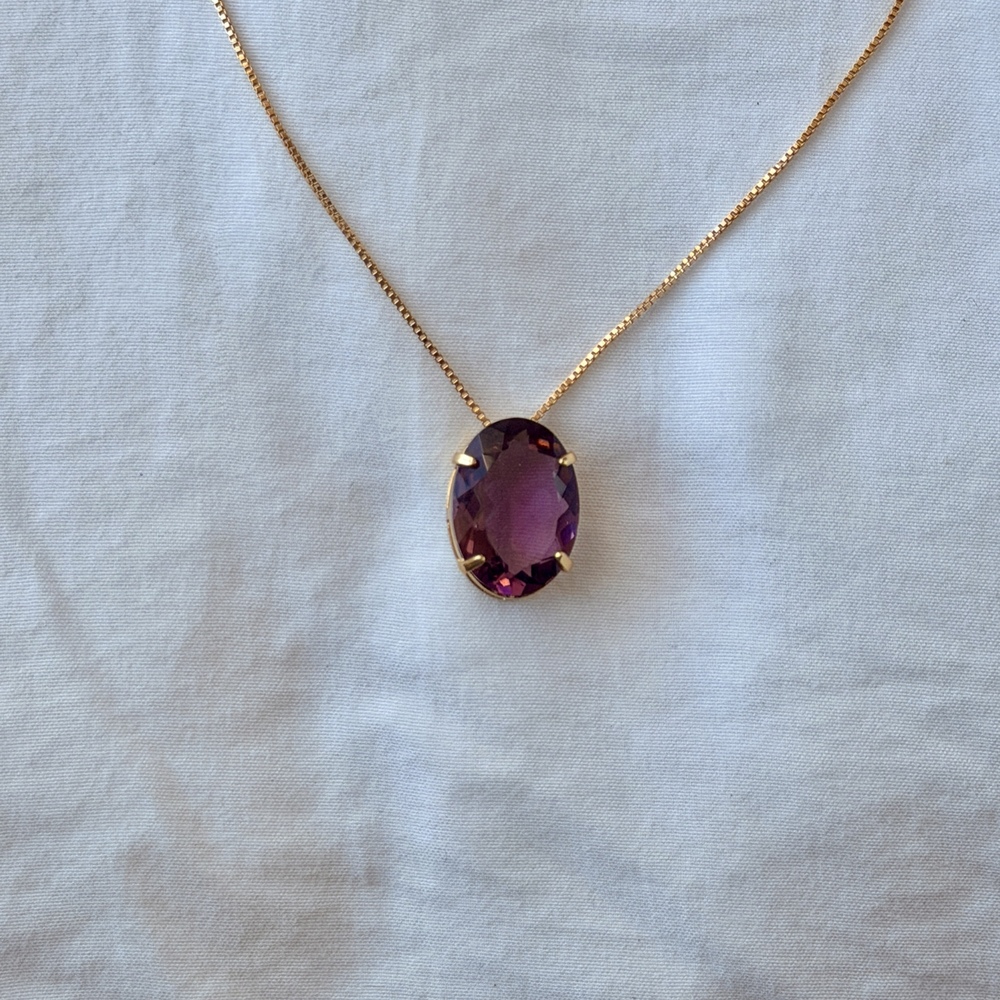 Classic Oval Stone Necklace - 18k Gold Plated - Reconstituted Pink Amethyst